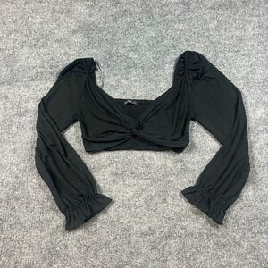 Aster Lace Bow Crop Top Womens Large Black Striped Stretch Smocked Bishop Sleeve